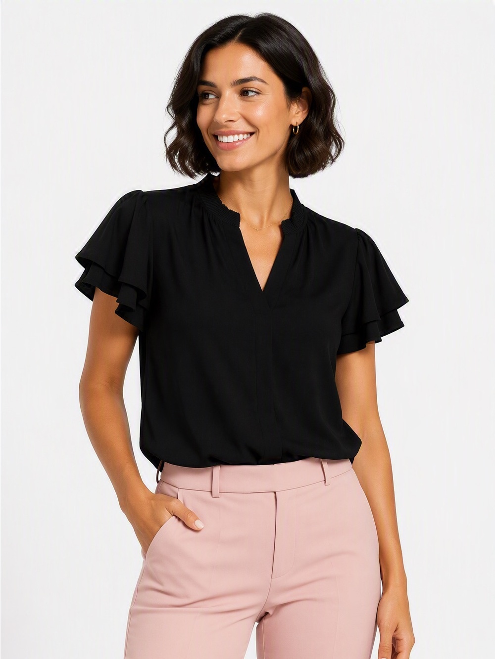 Anne Klein Black Flutter-Sleeve V-Neck Blouse